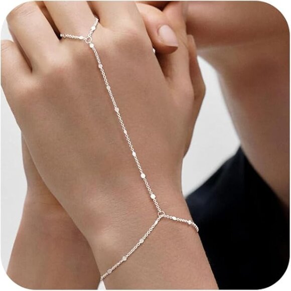 Silver Finger Ring Bracelet, Zircon Sequins Satellite Chain for Women, Trendy - Picture 1 of 5